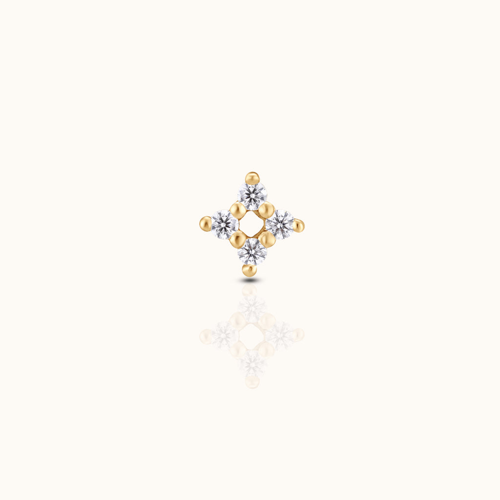 14K Solid Gold Four-point Cluster CZ Threadless Labret Flat Back Earring by Doviana