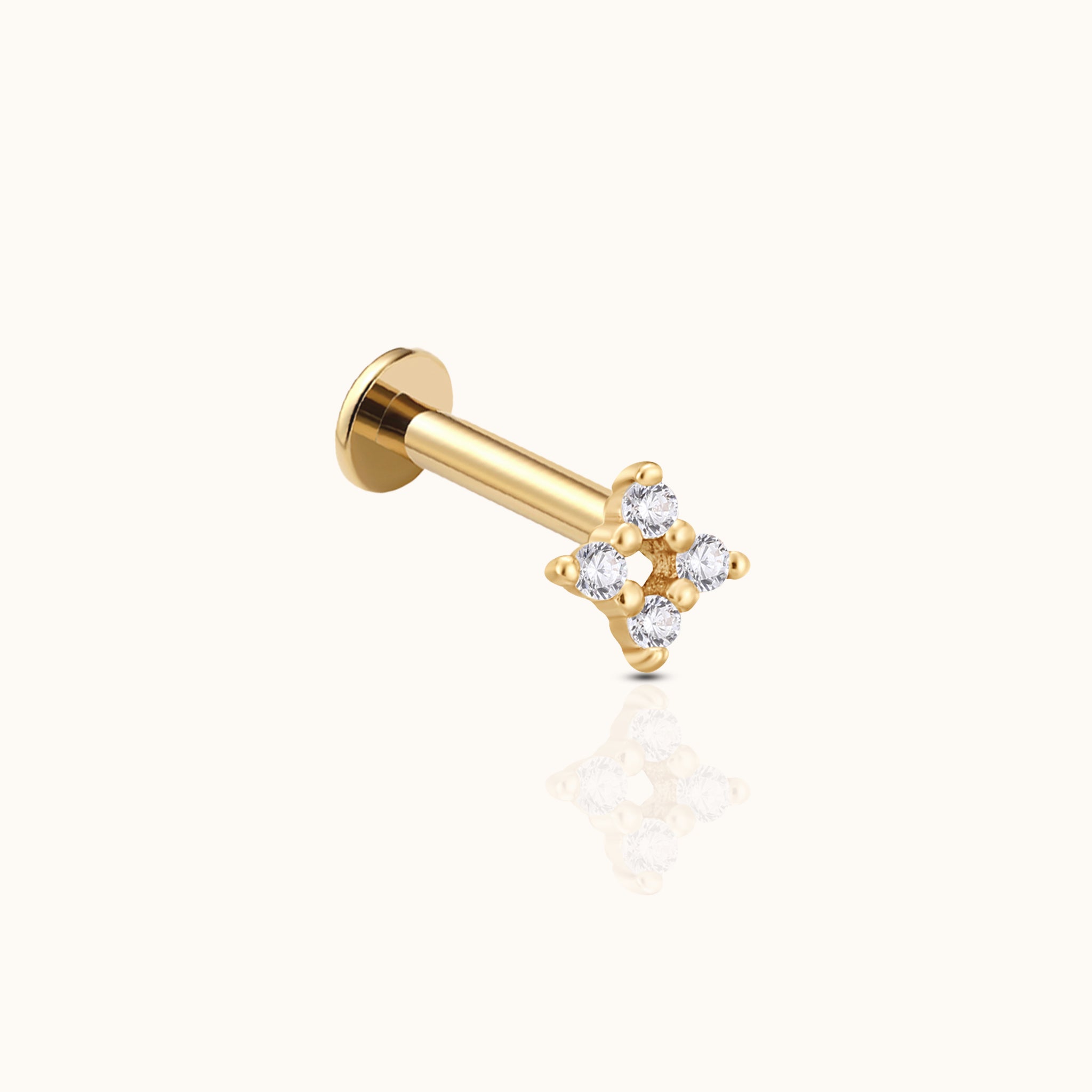 14K Solid Gold Four-point Cluster CZ Threadless Labret Flat Back Earring by Doviana
