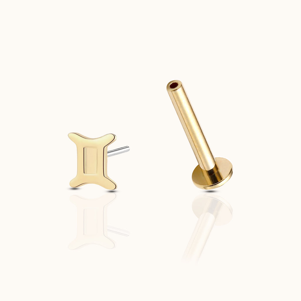 14K Solid Gold Gemini Jun Birth Air Sign Zodiac Astrology Constellation Threadless Labret Flat Back Earring by Doviana