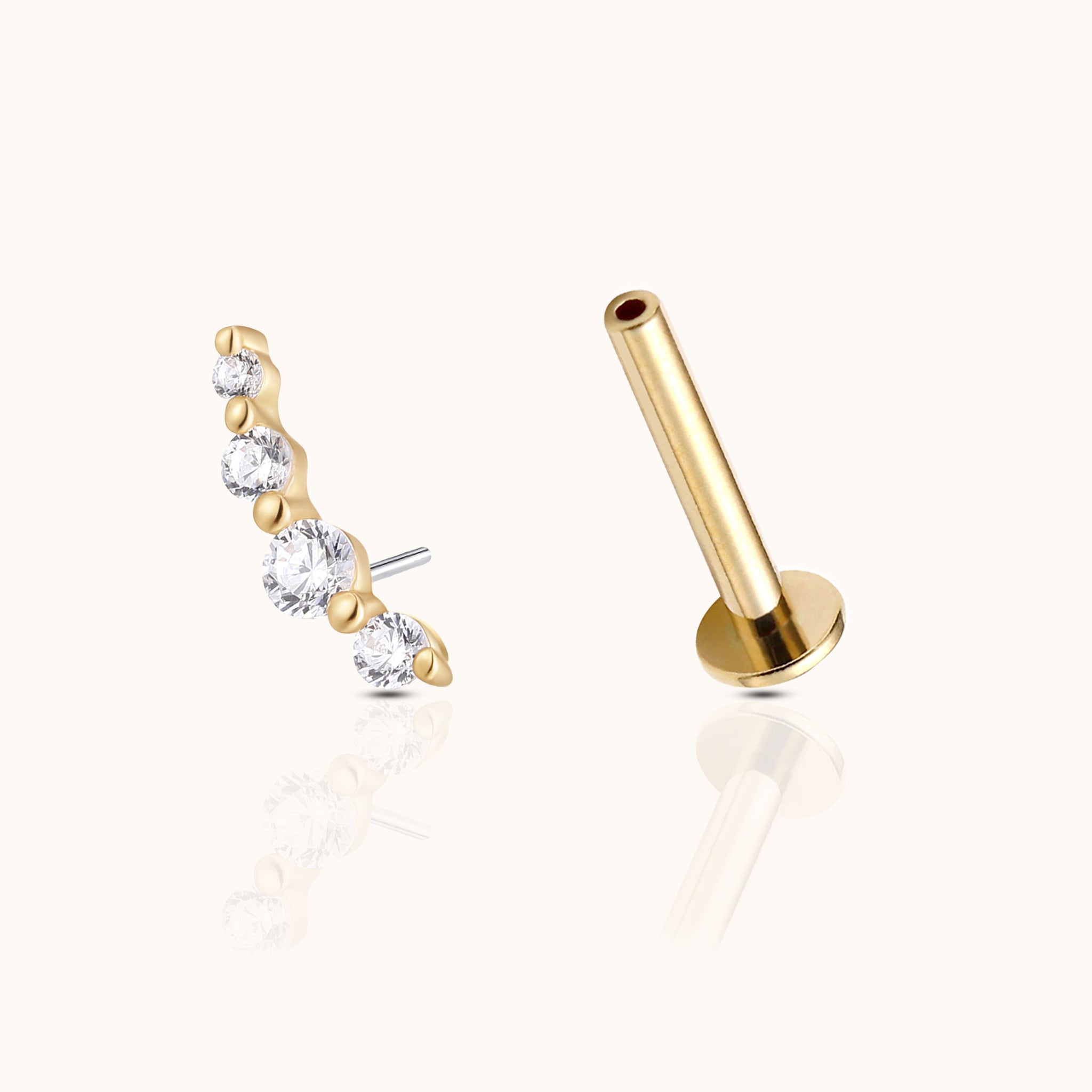 14K Solid Gold Graduated CZ Wave Arc Climber Threadless Labret Flat Back Earring by Doviana