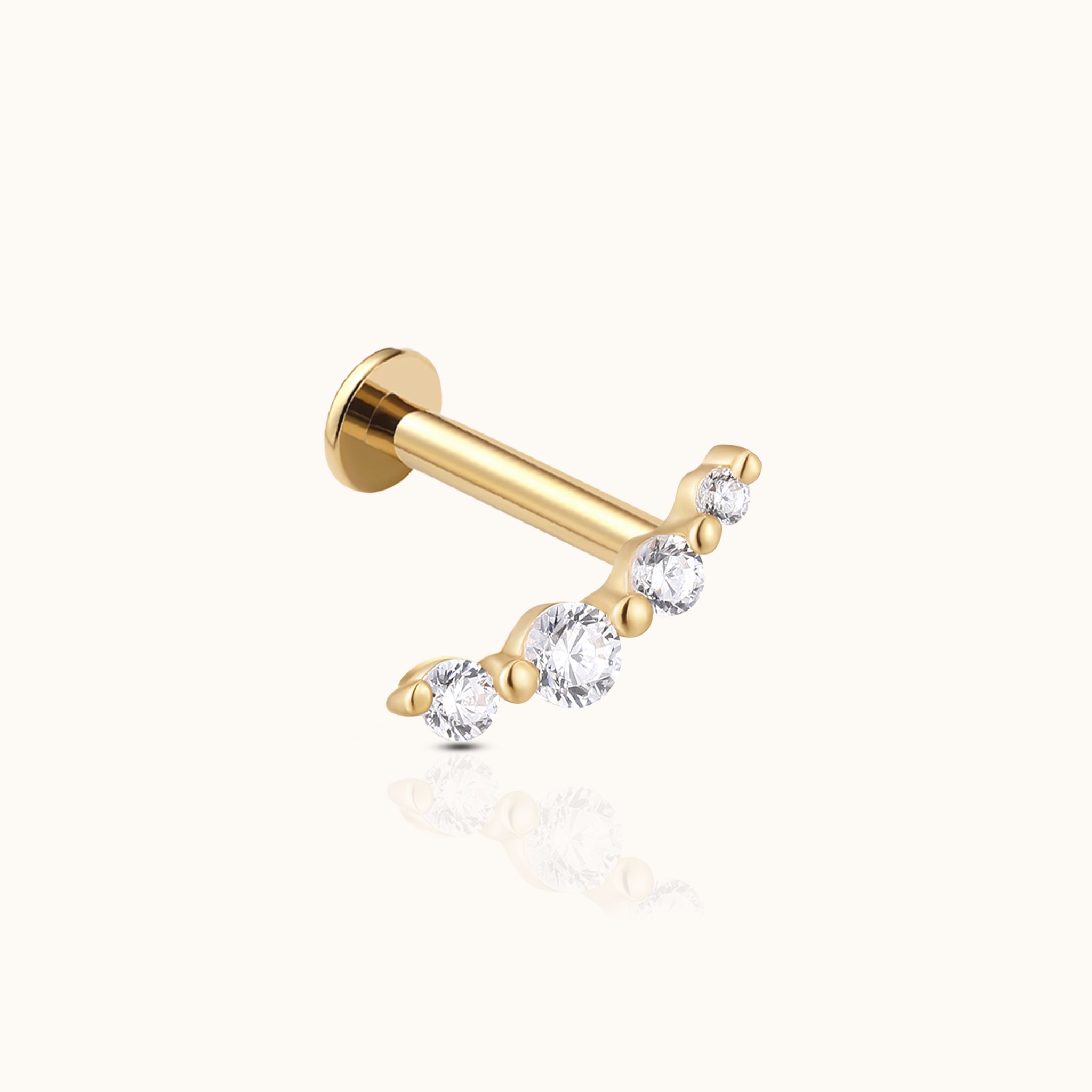 14K Solid Gold Graduated CZ Wave Arc Climber Threadless Labret Flat Back Earring by Doviana