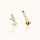 14K Solid Gold Graduated CZ and Natural Pearl Arc Climber Threadless Labret Flat Back Earring