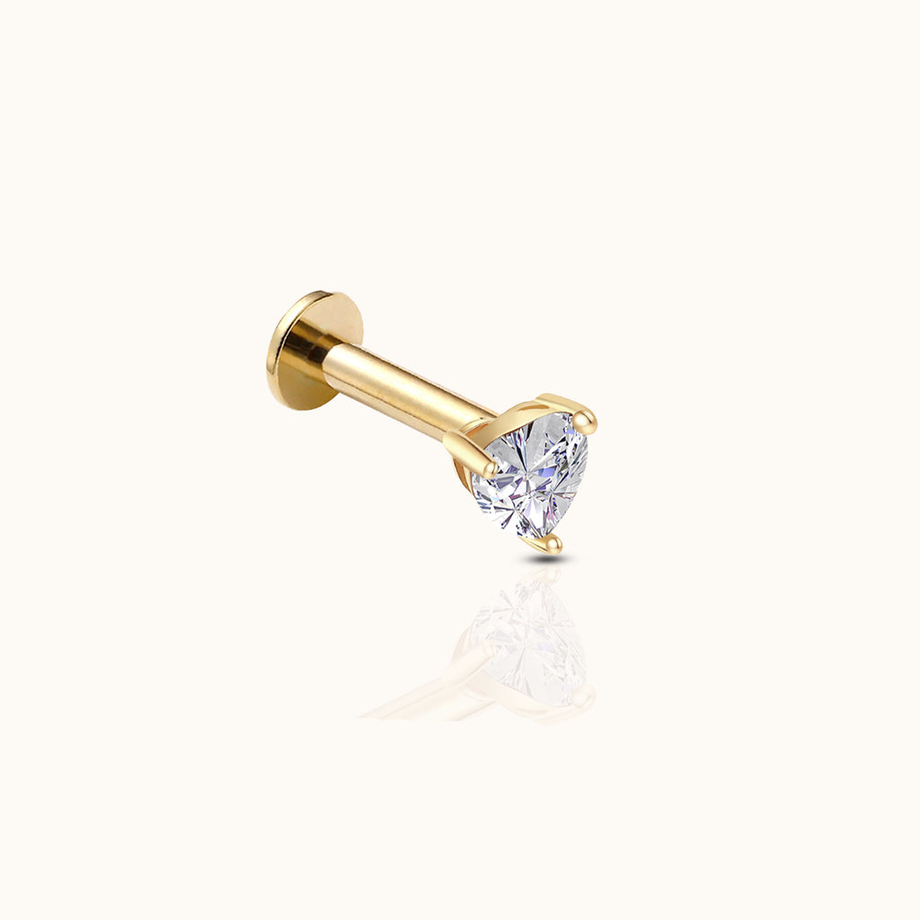 14K Solid Gold Heart Shaped CZ 3mm Threadless Labret Flat Back Earring by Doviana