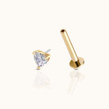 14K Solid Gold Heart Shaped CZ 3mm Threadless Labret Flat Back Earring by Doviana
