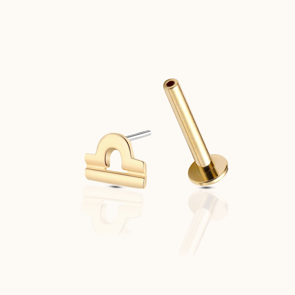 14K Solid Gold Libra Oct Birth Air Sign Zodiac Astrology Constellation Threadless Labret Flat Back Earring by Doviana