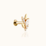 14K Solid Gold Marquise CZ Leaves Olive Branch Threadless Labret Flat Back Nap Earring by Doviana