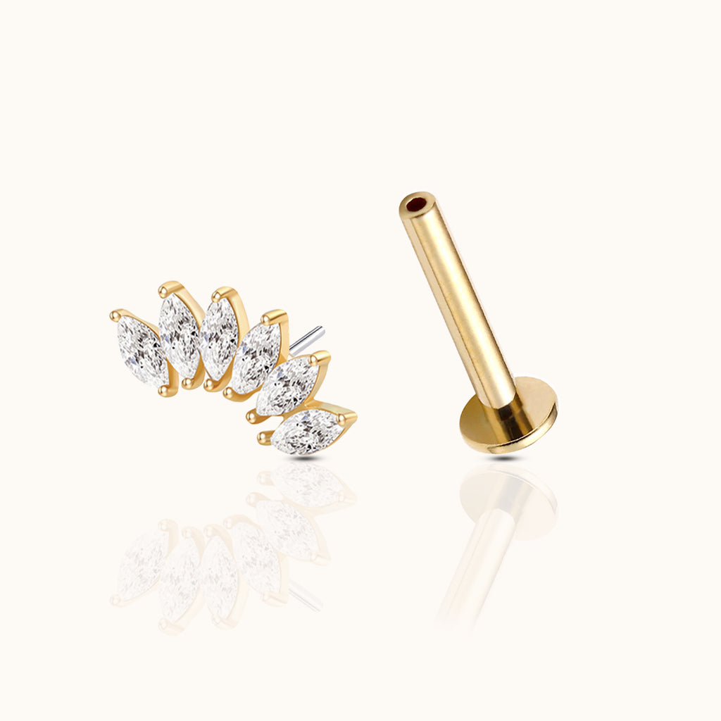 14K Solid Gold Marquise Cluster CZ Crawler Threadless Labret Flat Back Nap Earring by Doviana