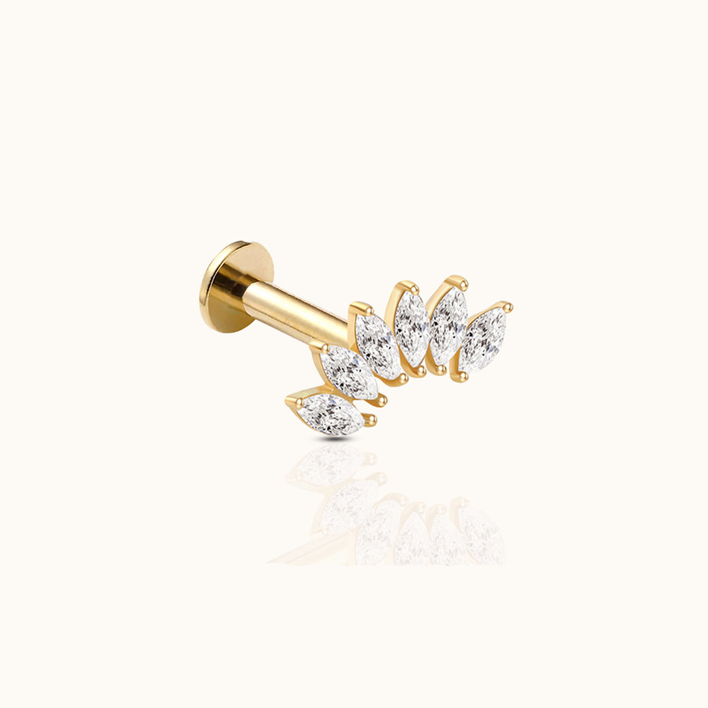 14K Solid Gold Marquise Cluster CZ Crawler Threadless Labret Flat Back Nap Earring by Doviana