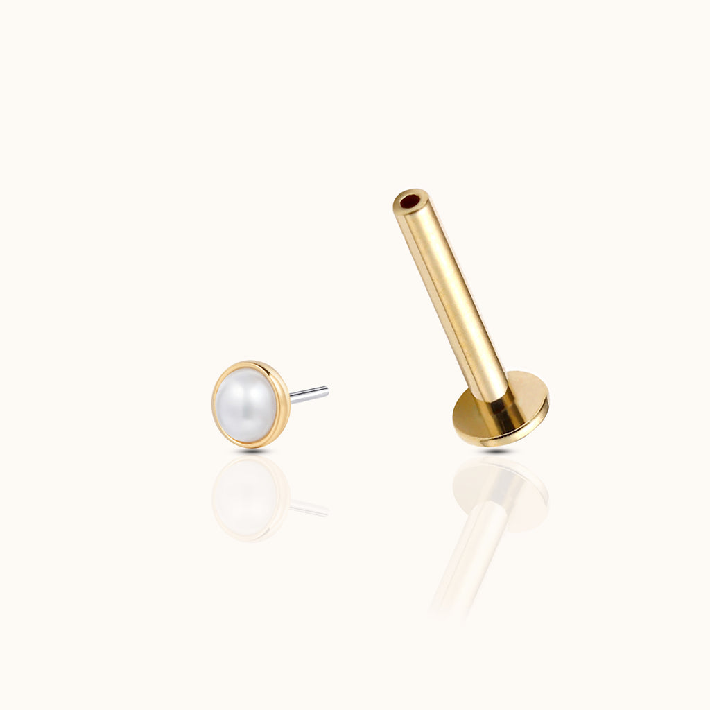 14K Solid Gold Natural Pearl Bezel Threadless Labret Flat Back Earring