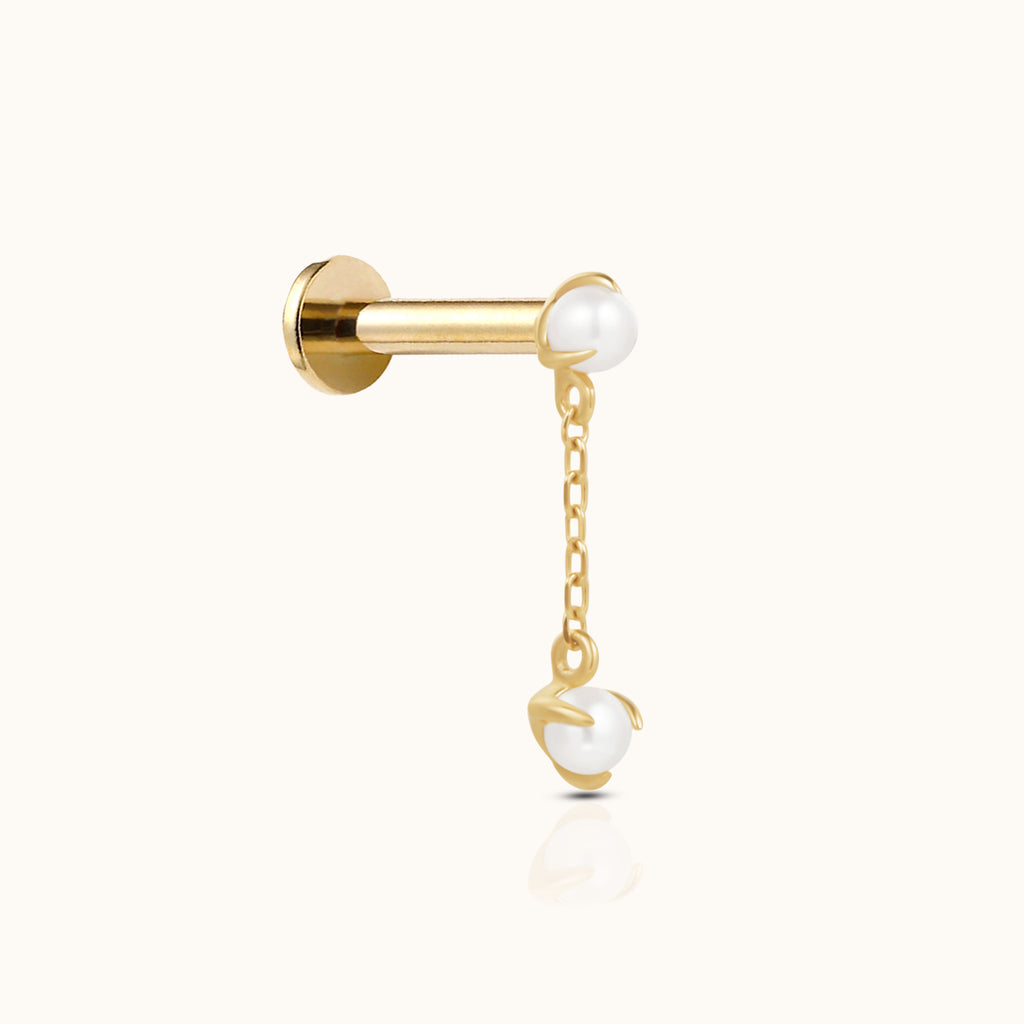 14K Solid Gold Natural Pearl Dangle Chain Drop Threadless Labret Flat Back Earring