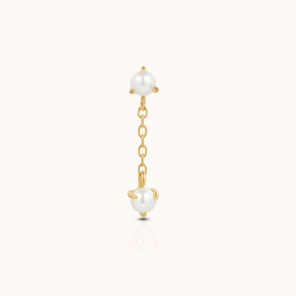 14K Solid Gold Natural Pearl Dangle Chain Drop Threadless Labret Flat Back Earring