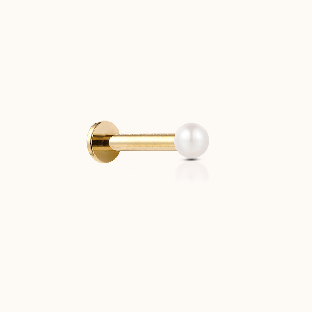 14K Solid Gold Natural Round Pearl Threadless Labret Flat Back Earring
