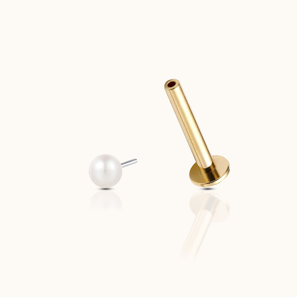 14K Solid Gold Natural Round Pearl Threadless Labret Flat Back Earring