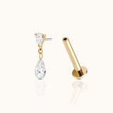 14K Solid Gold Pear CZ Drop Threadless Flat Back Earring by Doviana