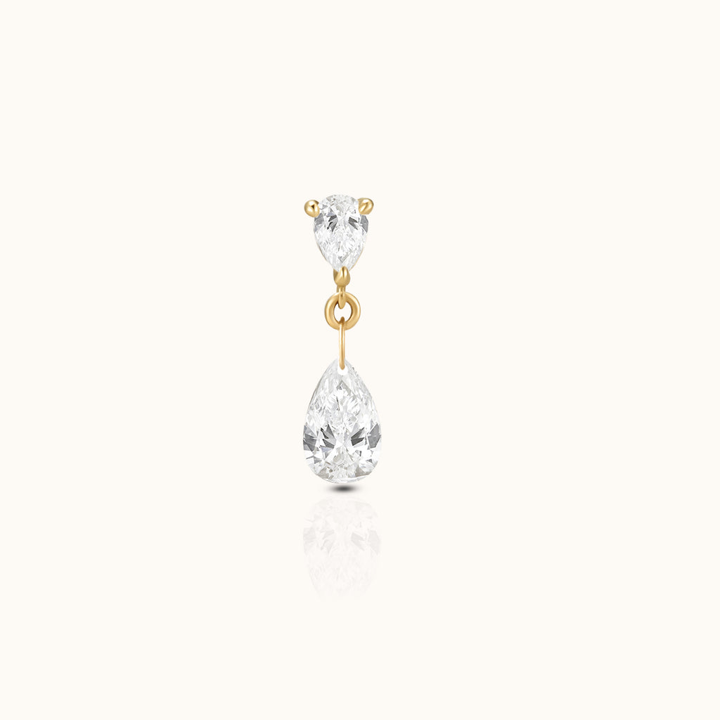 14K Solid Gold Pear CZ Drop Threadless Flat Back Earring by Doviana
