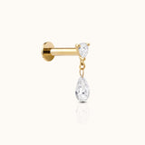 14K Solid Gold Pear CZ Drop Threadless Flat Back Earring by Doviana
