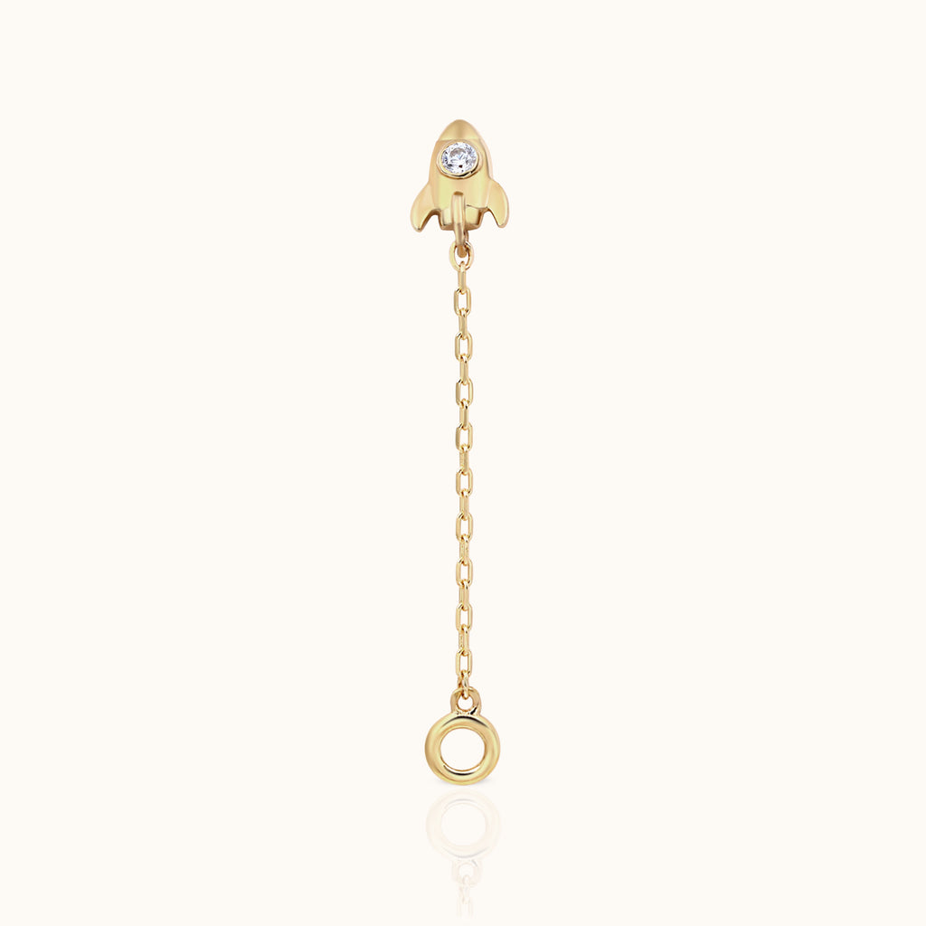 14K Solid Gold Petite Rocket Connector Chain Threadless Labret Flat Back Nap Earring by Doviana