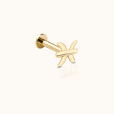 14K Solid Gold Pisces Mar Birth Water Sign Zodiac Astrology Constellation Threadless Labret Flat Back Earring by Doviana
