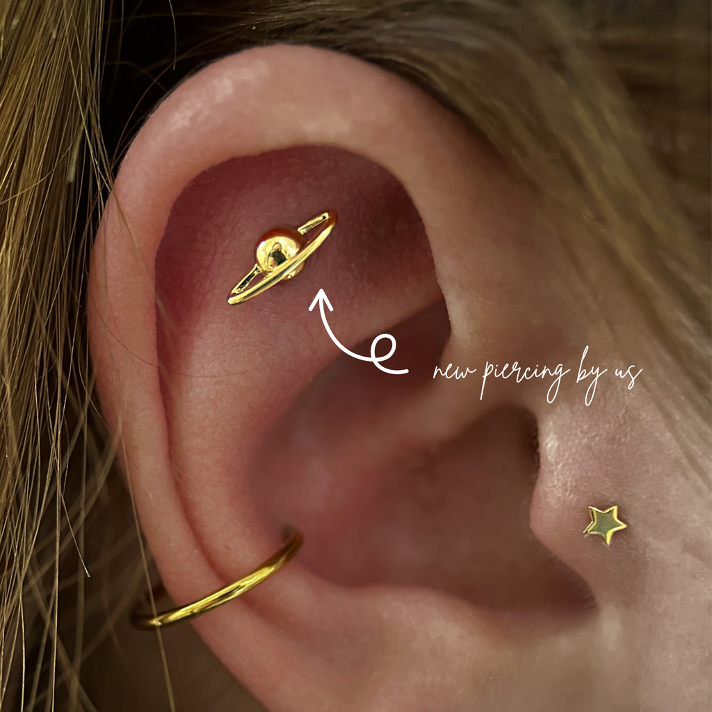 14K Solid Gold Planet Celestial Body Threadless Flat Back Earring by Doviana
