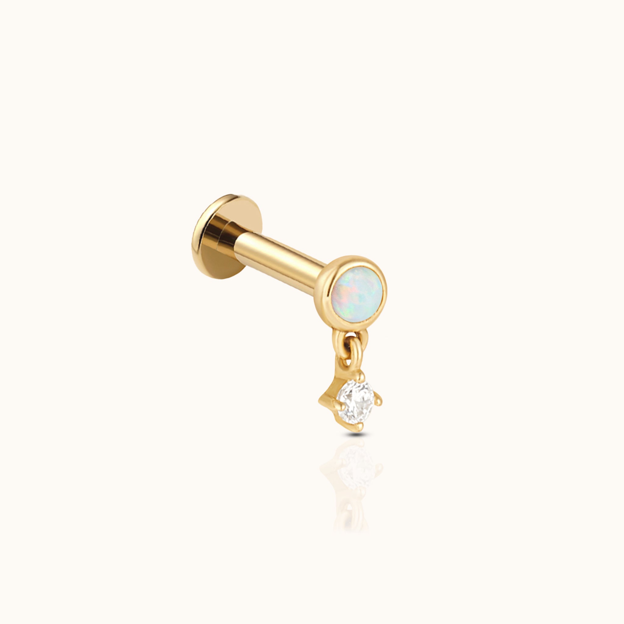14K Solid Gold Round Bezel Opal and CZ Drop Threadless Labret Flat Back Earring by Doviana