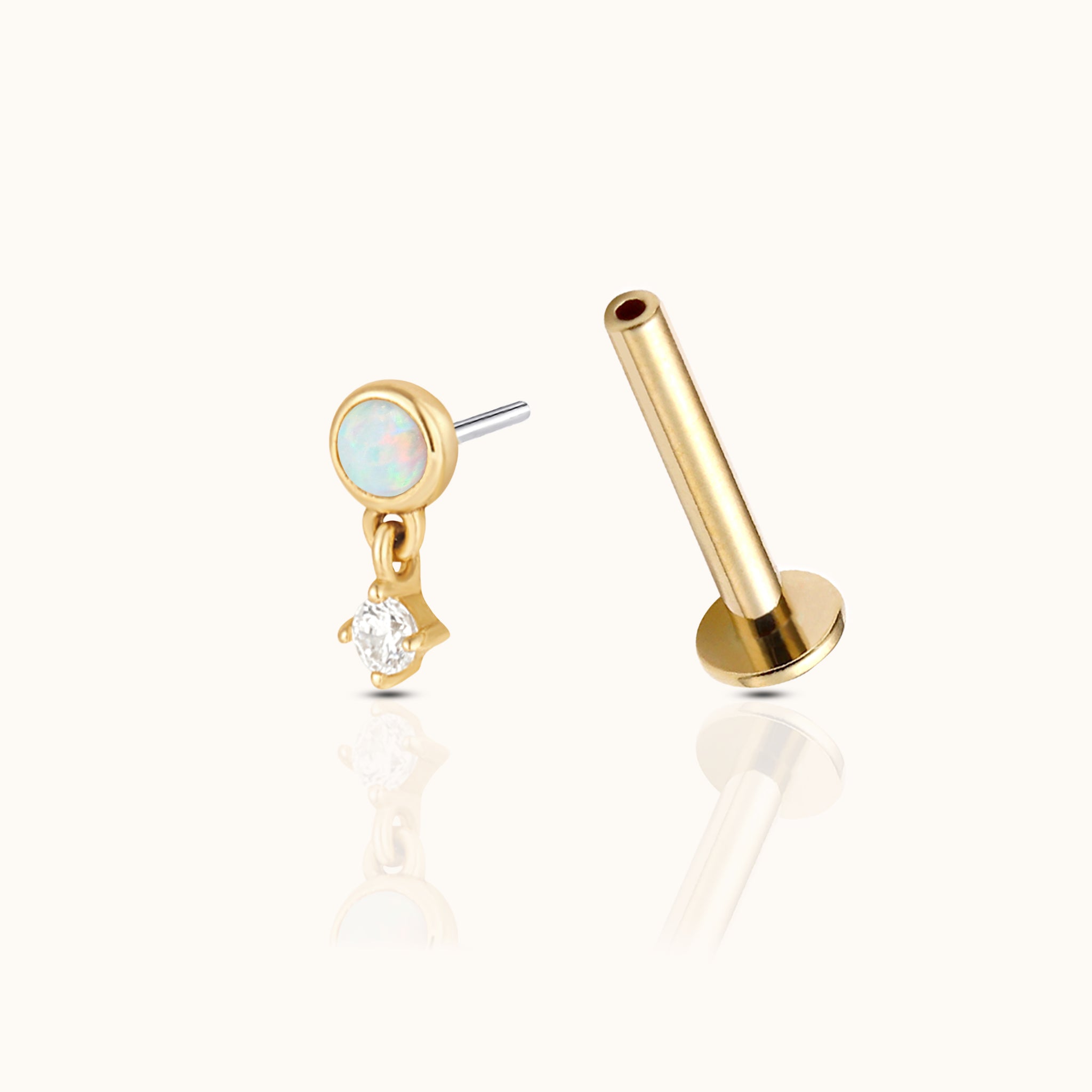 14K Solid Gold Round Bezel Opal and CZ Drop Threadless Labret Flat Back Earring by Doviana