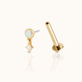 14K Solid Gold Round Bezel Opal and CZ Drop Threadless Labret Flat Back Earring by Doviana