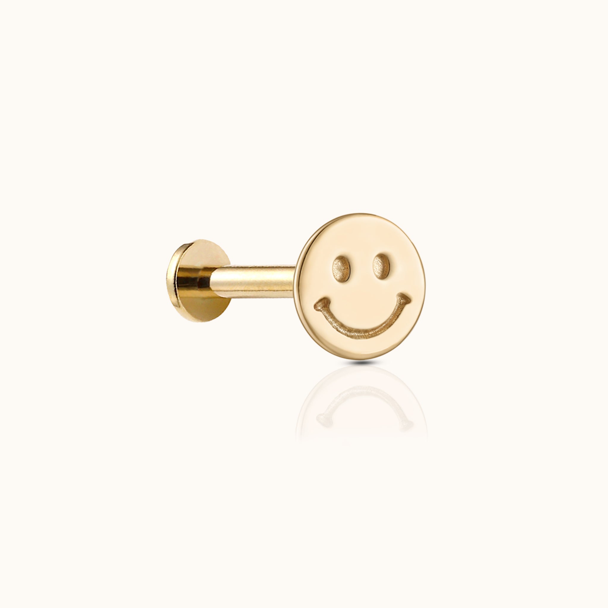 14K Solid Gold Smiley Face Disc Threadless Labret Flat Back Nap Earring by Doviana