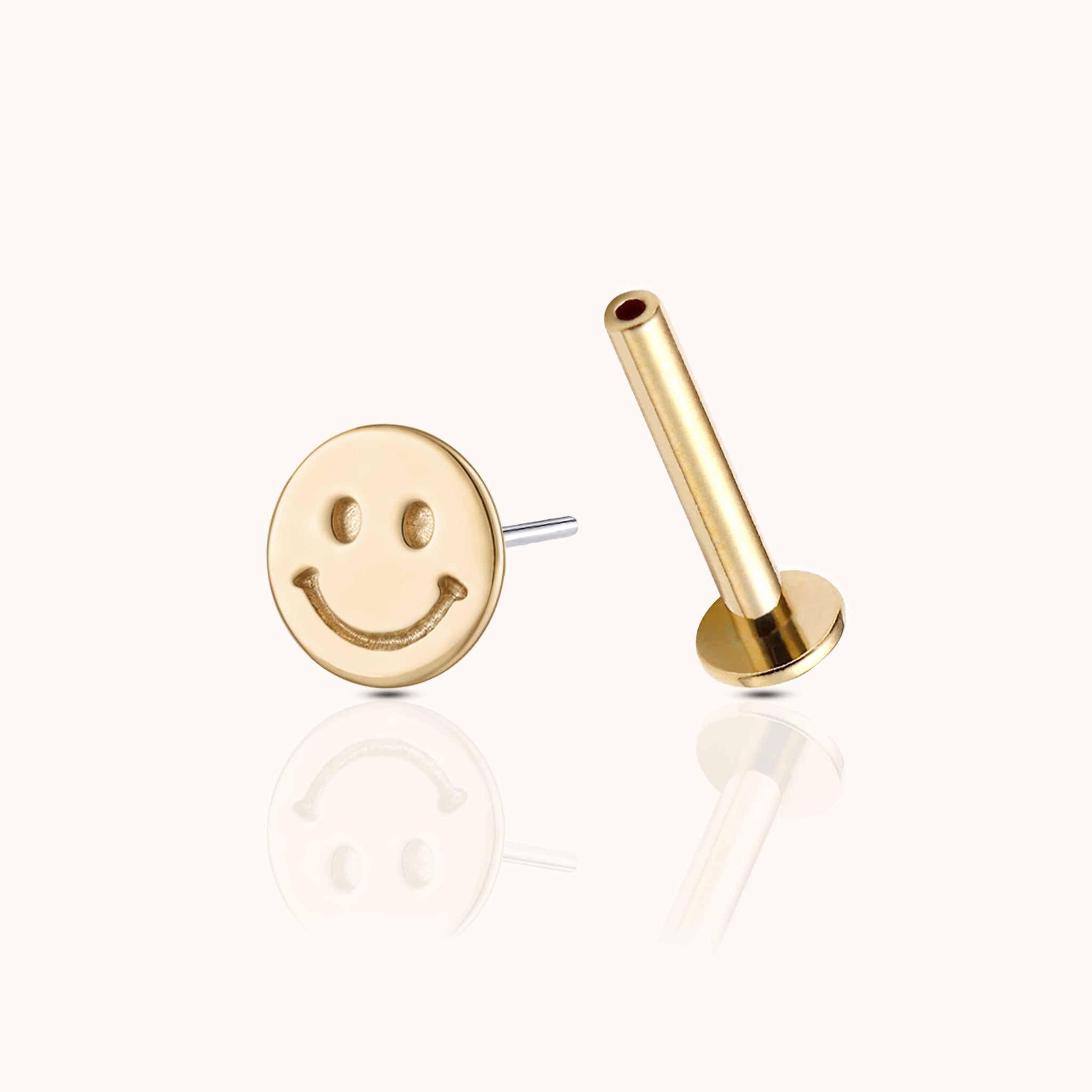 14K Solid Gold Smiley Face Disc Threadless Labret Flat Back Nap Earring by Doviana