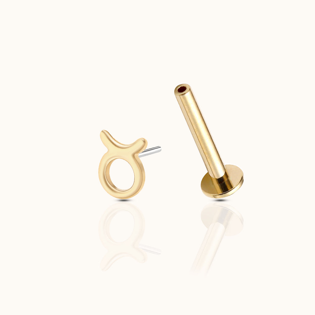 14K Solid Gold Taurus May Birth Earth Sign Zodiac Astrology Constellation Threadless Labret Flat Back Earring by Doviana