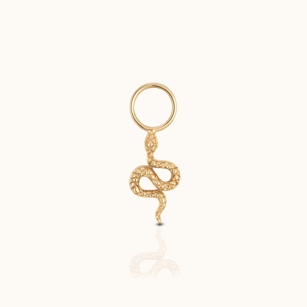 DOVIANA 14K solid gold textured snake ear charm with a sculptural coiled serpent design and polished gold connector ring