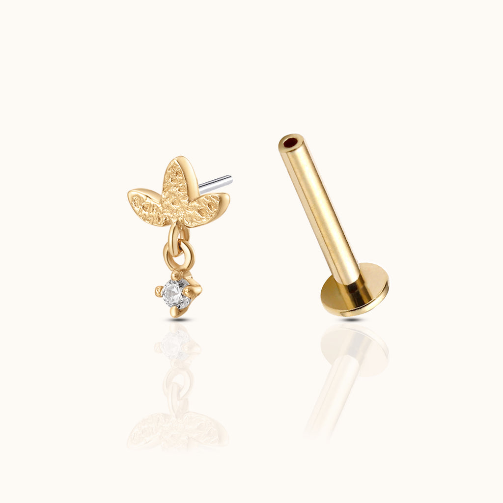14K Solid Gold Three-Petal Lotus with Round CZ Drop Threadless Labret Flat Back Nap Earring by Doviana