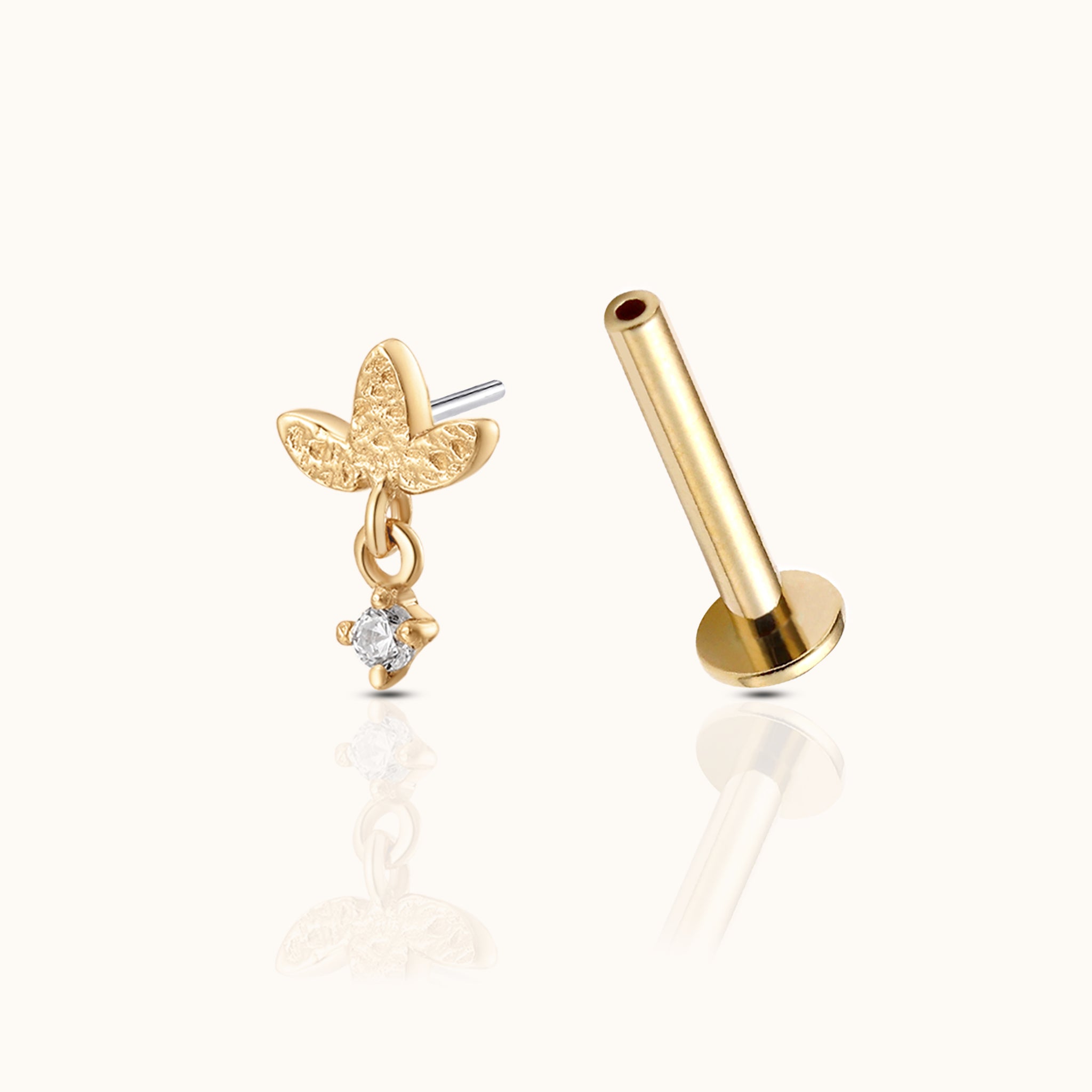 14K Solid Gold Three-Petal Lotus with Round CZ Drop Threadless Labret Flat Back Nap Earring by Doviana