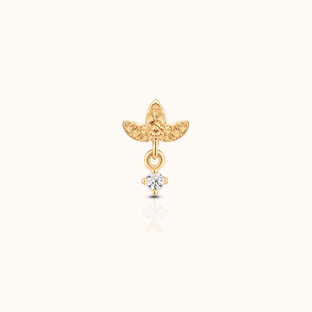 14K Solid Gold Three-Petal Lotus with Round CZ Drop Threadless Labret Flat Back Nap Earring by Doviana