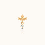 14K Solid Gold Three-Petal Lotus with Round CZ Drop Threadless Labret Flat Back Nap Earring by Doviana