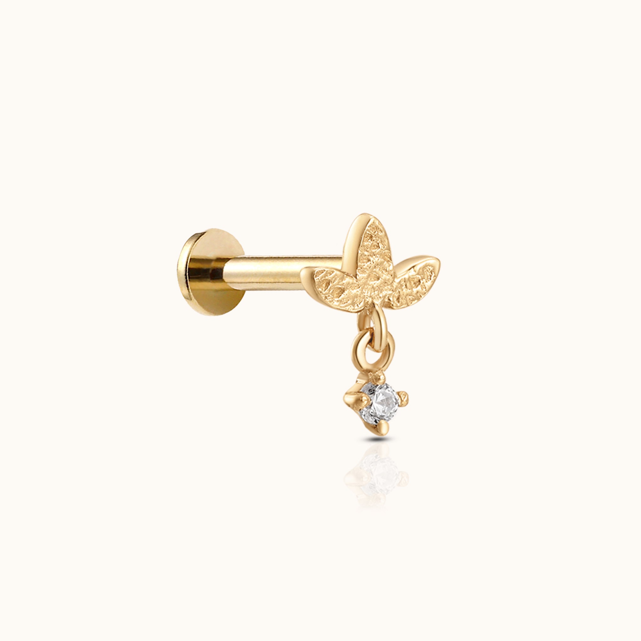 14K Solid Gold Three-Petal Lotus with Round CZ Drop Threadless Labret Flat Back Nap Earring by Doviana