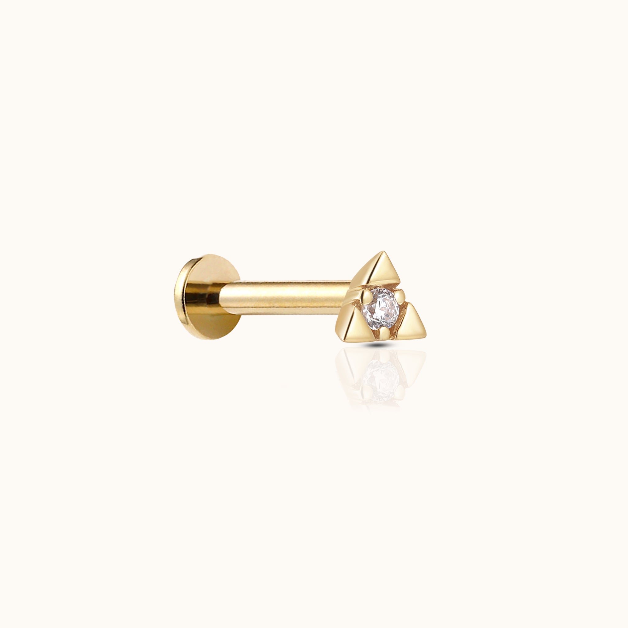 14K Solid Gold Triangular Trillion-inspired Pyramid Prong Setting CZ Threadless Labret Flat Back Earring by DOVIANA