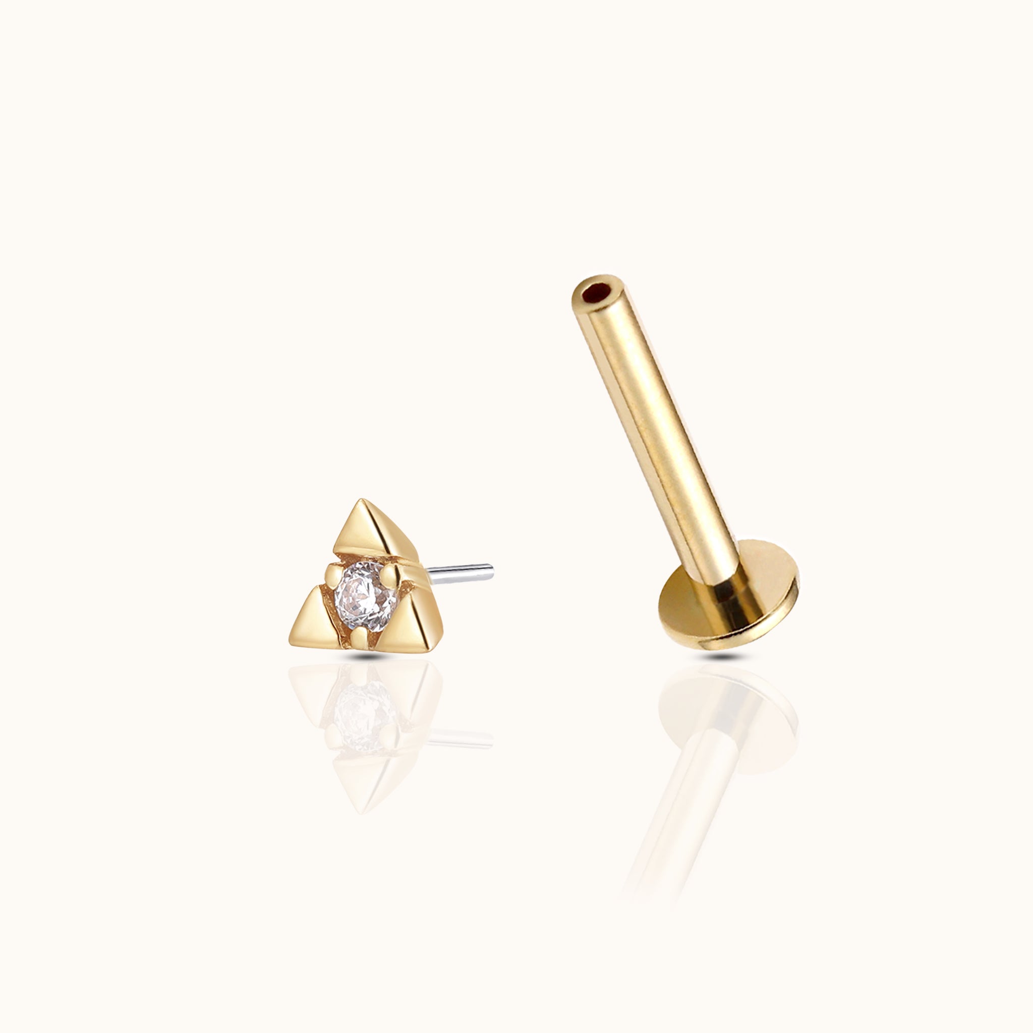 14K Solid Gold Triangular Trillion-inspired Pyramid Prong Setting CZ Threadless Labret Flat Back Earring by DOVIANA