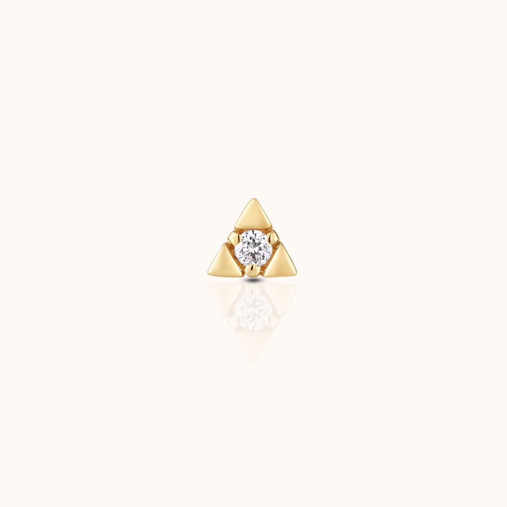 14K Solid Gold Triangular Trillion-inspired Pyramid Prong Setting CZ Threadless Labret Flat Back Earring by DOVIANA