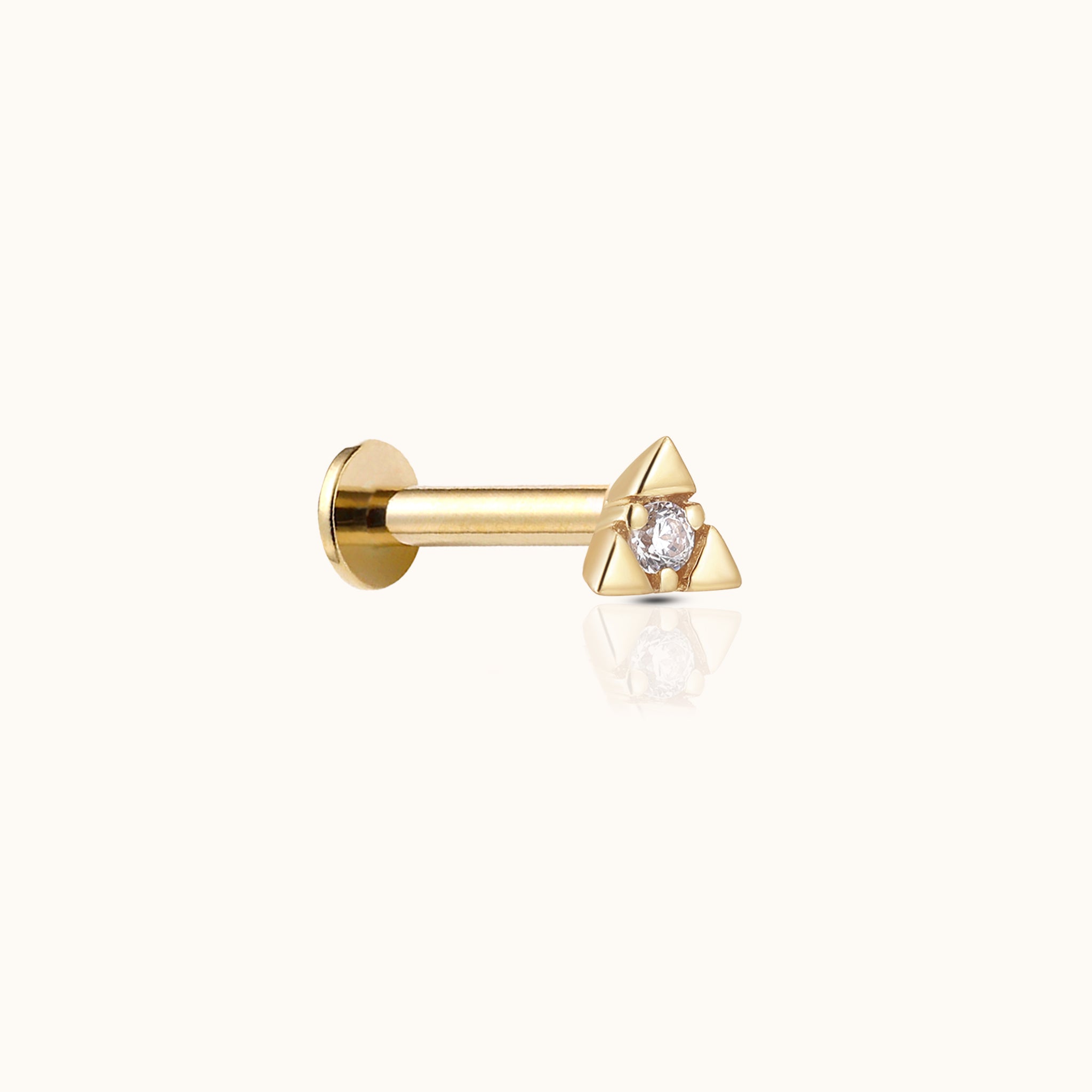 14K Solid Gold Triangular Trillion-inspired Pyramid Prong Setting CZ Threadless Labret Flat Back Earring by DOVIANA