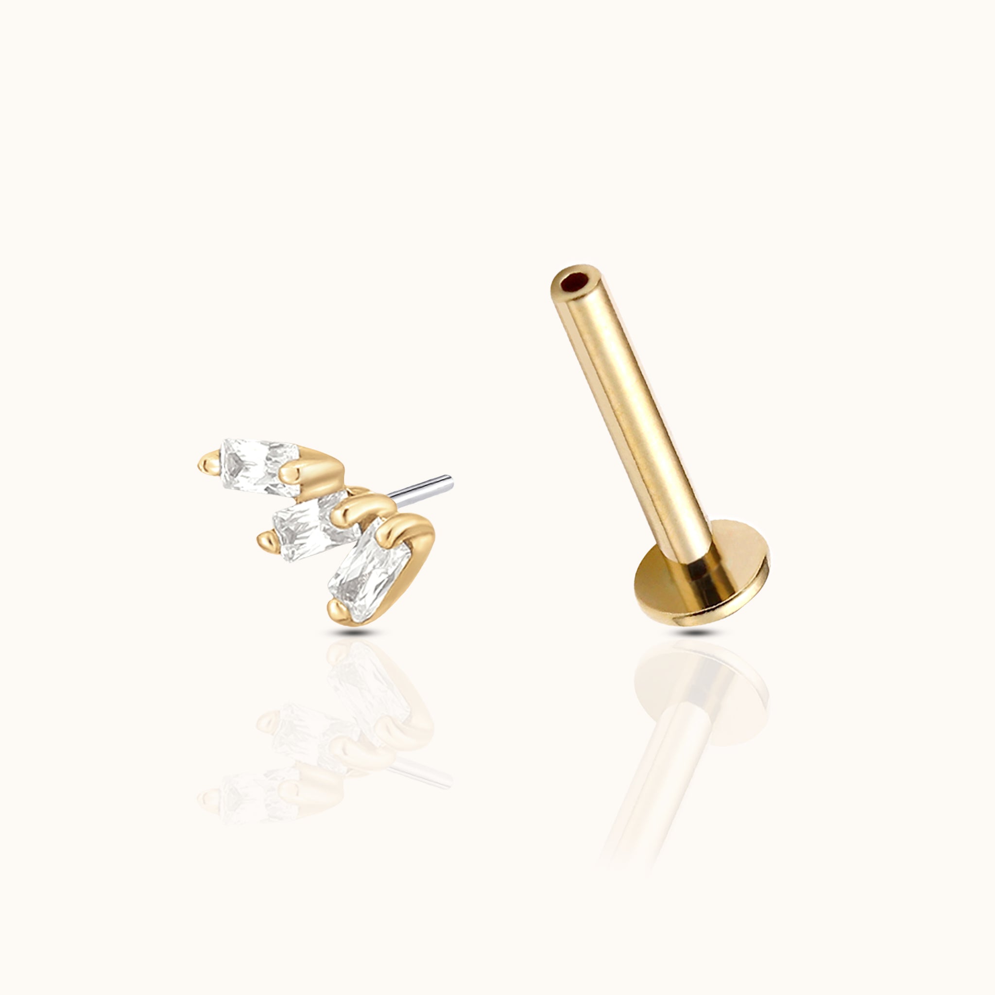 14K Solid Gold Triple Baguette CZ Curved Wing Threadless Labret Flat Back Earring by Doviana