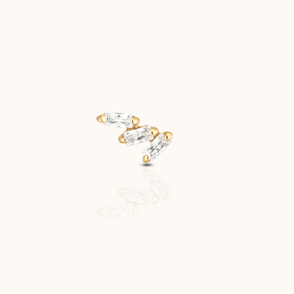 14K Solid Gold Triple Baguette CZ Curved Wing Threadless Labret Flat Back Earring by Doviana