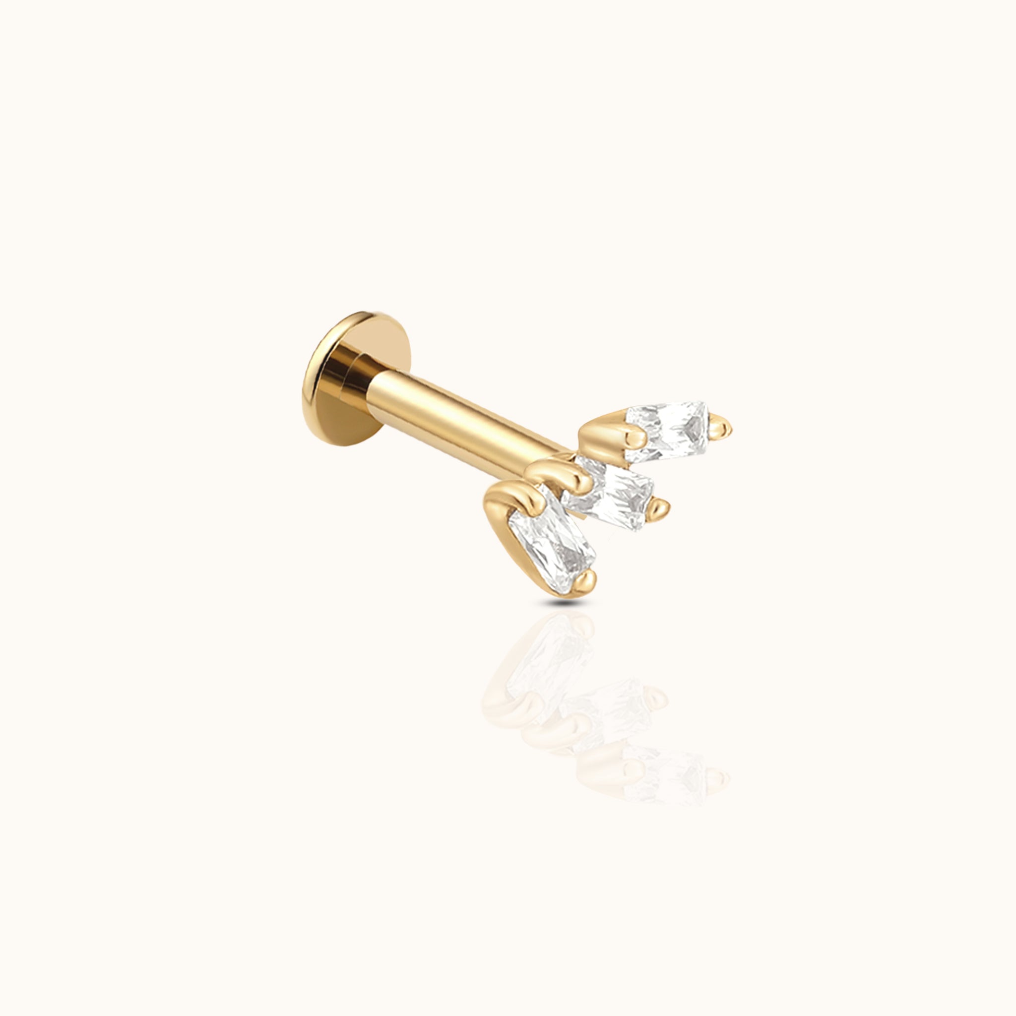 14K Solid Gold Triple Baguette CZ Curved Wing Threadless Labret Flat Back Earring by Doviana