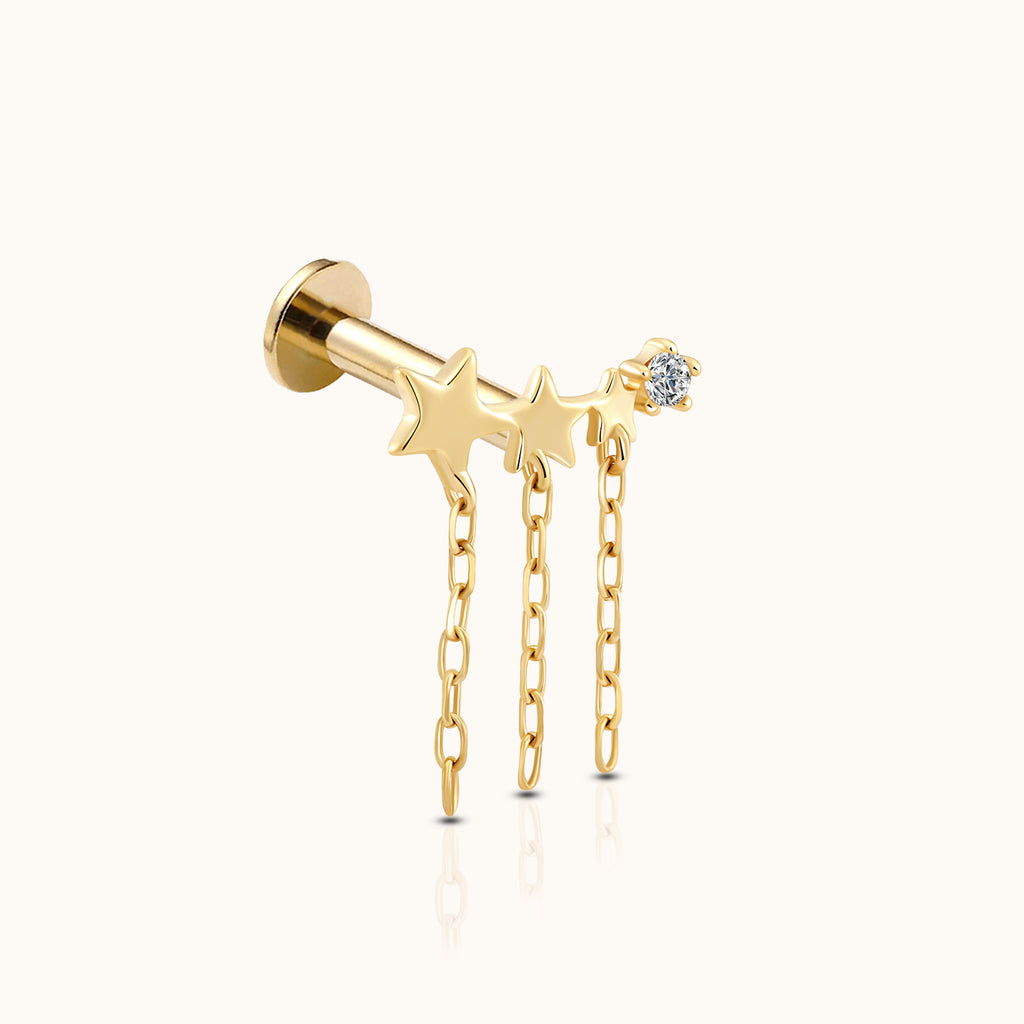 14K Solid Gold Triple Star Celestial Tassel Dangle Threadless Flat Back Earring by DOVIANA