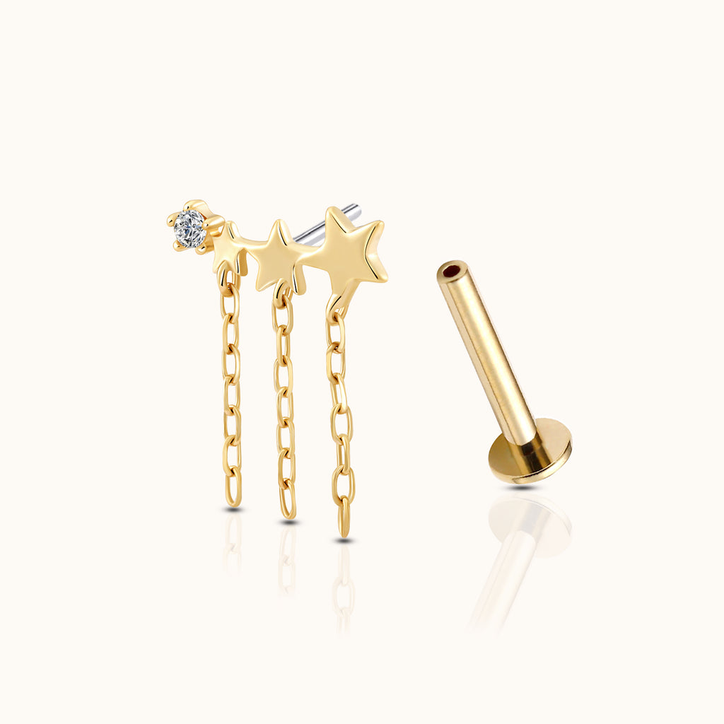 14K Solid Gold Triple Star Celestial Tassel Dangle Threadless Flat Back Earring by DOVIANA