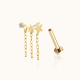14K Solid Gold Triple Star Celestial Tassel Dangle Threadless Flat Back Earring by DOVIANA