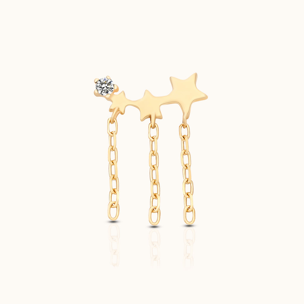14K Solid Gold Triple Star Celestial Tassel Dangle Threadless Flat Back Earring by DOVIANA