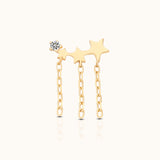 14K Solid Gold Triple Star Celestial Tassel Dangle Threadless Flat Back Earring by DOVIANA