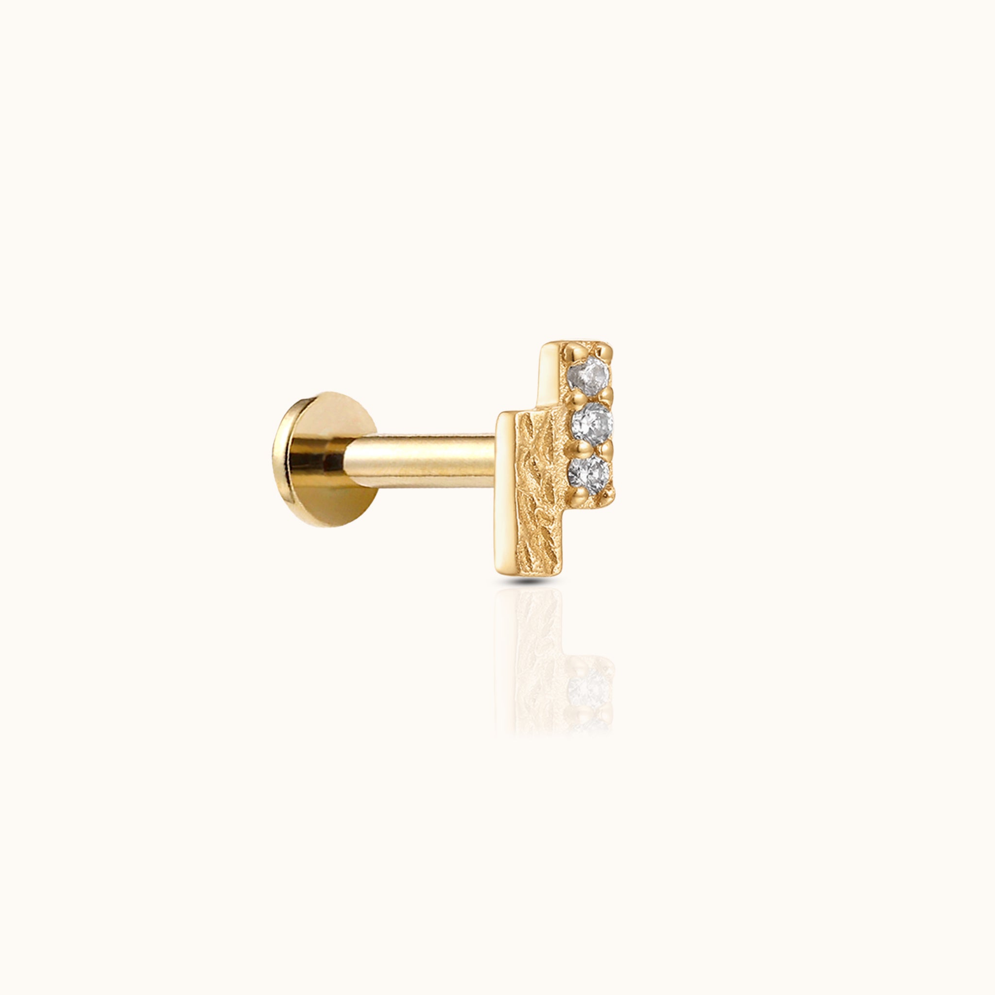 14K Solid Gold Twin Bar CZ and Textured Threadless Labret Flat Back Earring by DOVIANA