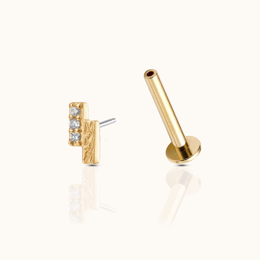 14K Solid Gold Twin Bar CZ and Textured Threadless Labret Flat Back Earring by DOVIANA