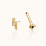 14K Solid Gold Twin Bar CZ and Textured Threadless Labret Flat Back Earring by DOVIANA